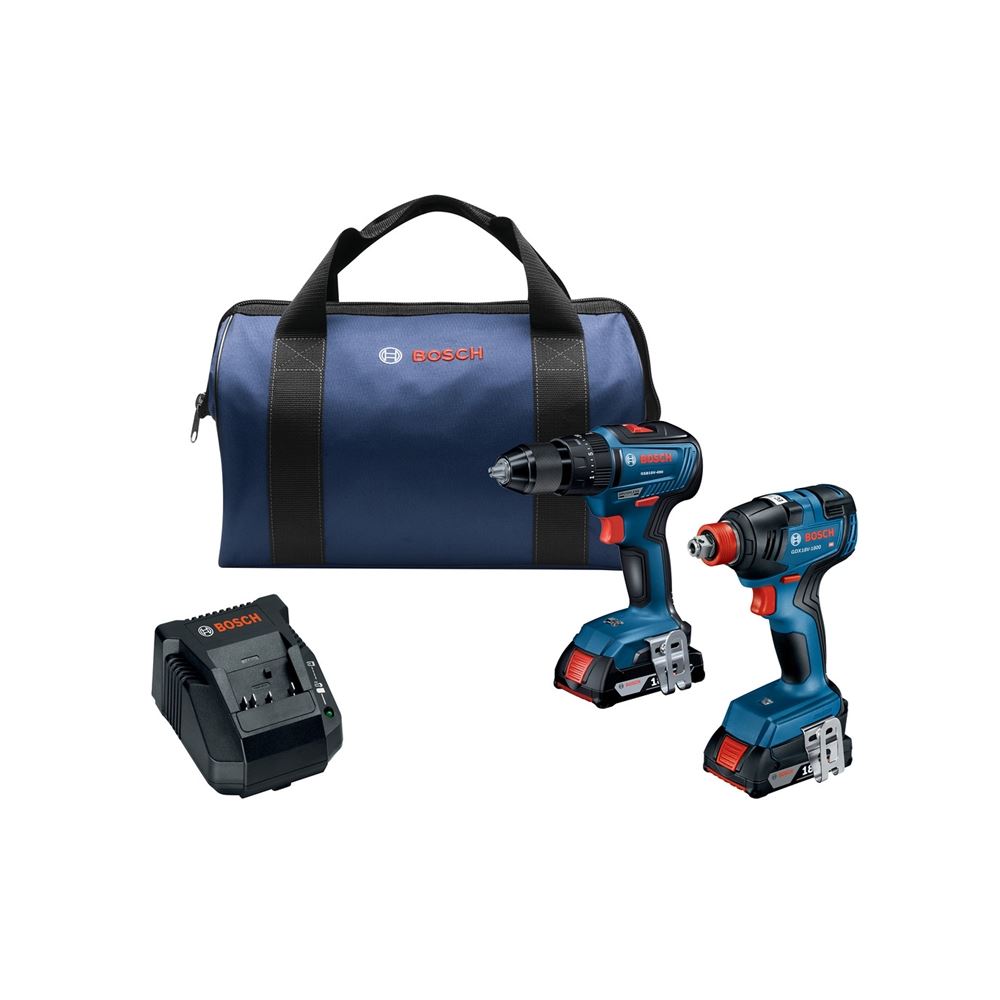 BOSCH GXL18V-240B22 18V 2-Tool Combo Kit with 1/2 In. Hammer Drill/Driver,  Freak 1/4 In. and 1/2 In. Two-In-One Bit/Socket Impact Driver and (2) 2.0 