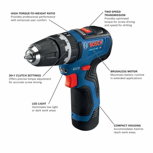 Bosch GSB12V-300B22 12V Max Brushless 3/8 In. Hammer Drill/Driver Kit with (2) 2.0 Ah Batteries